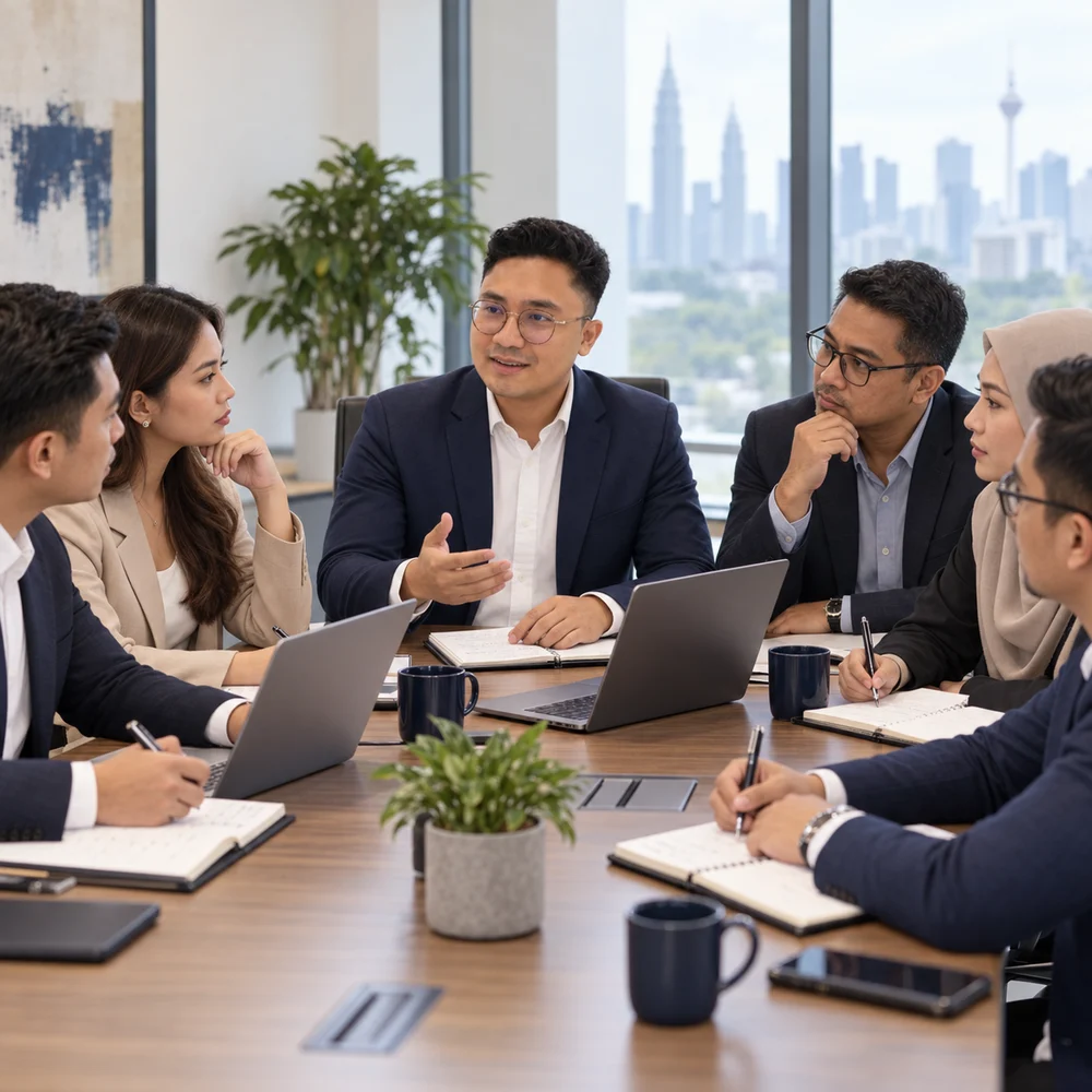 Illustration of Ahnaf leading a consultation with five founders